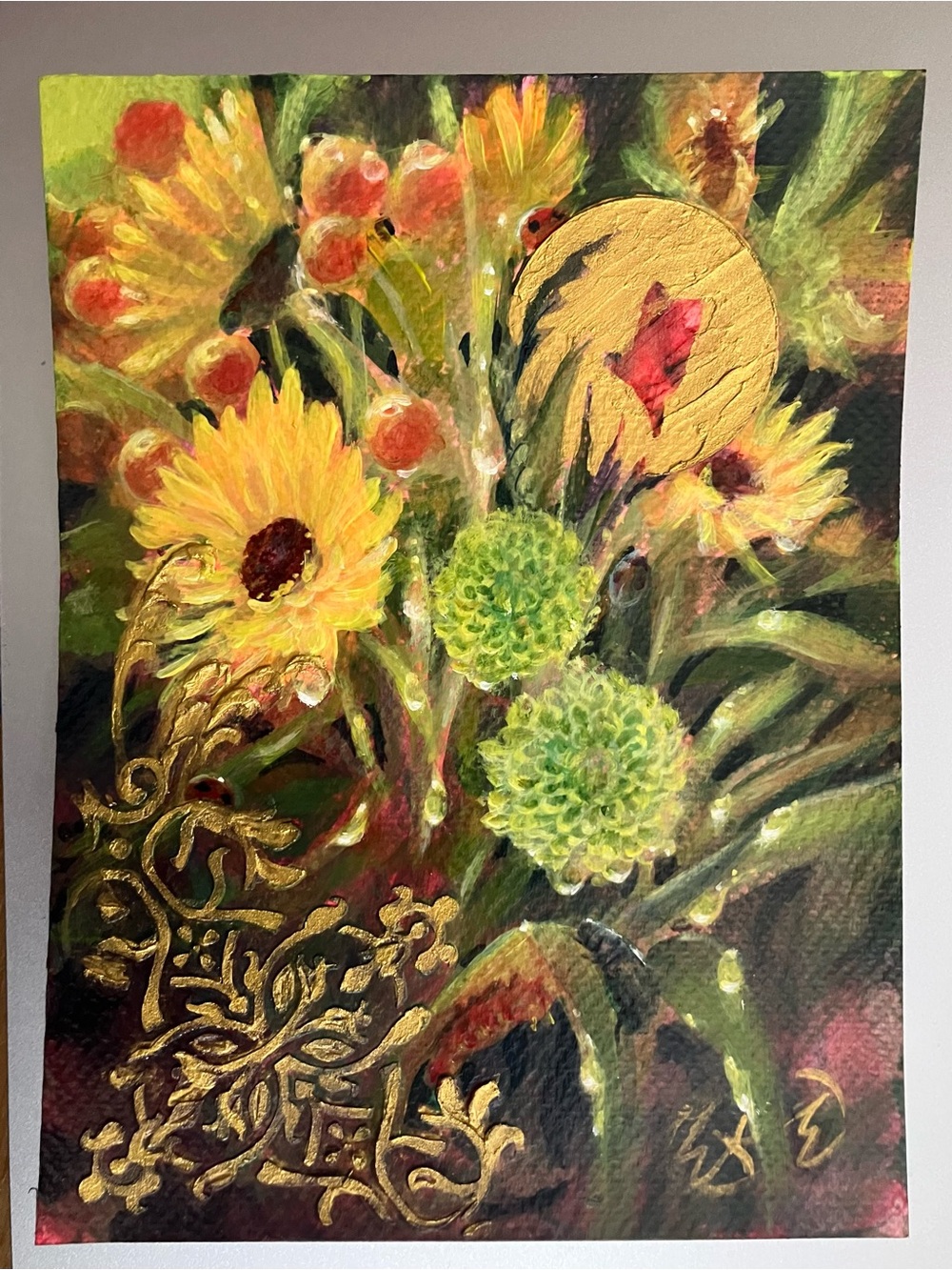 Original floral still life painting insect art gold accent surreal artwork USA